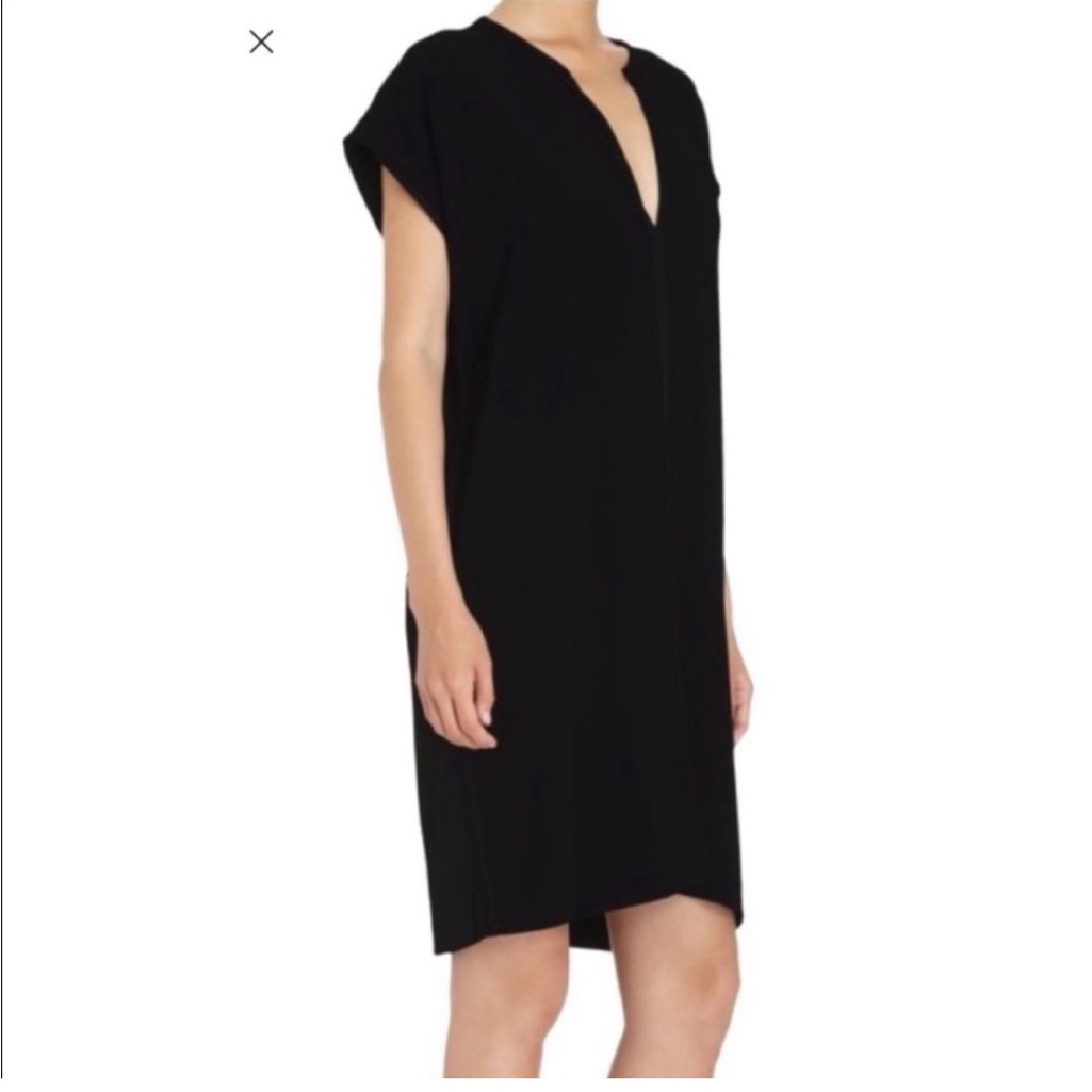 New Vince Dress Size Xxs Black Short Pockets Tunic 100% Silk Crepe V-Neck